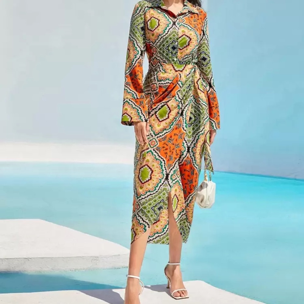 Elegant Multicolor Patterned Wrap Skirt & Top Set